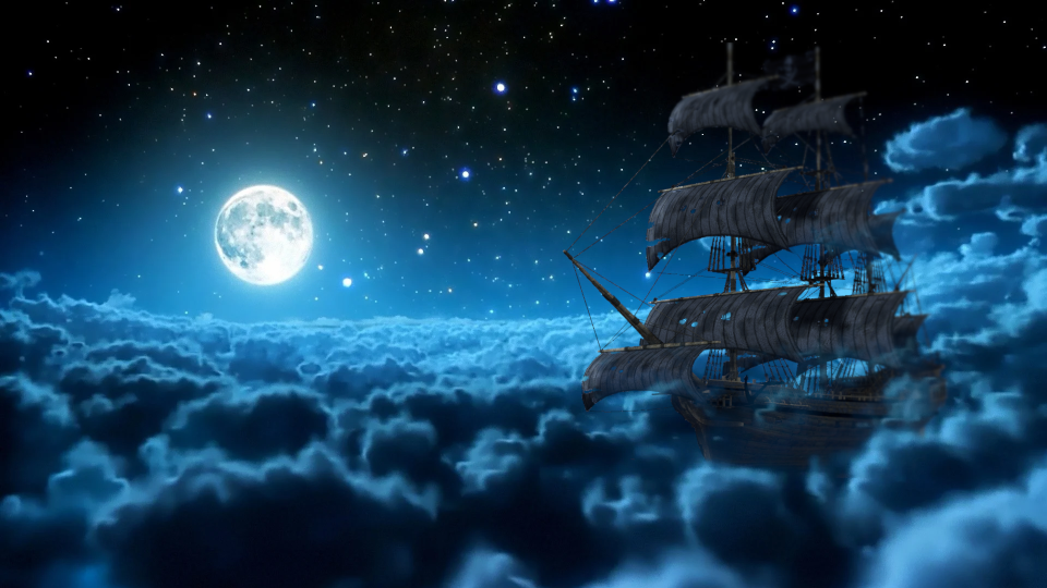 Eerie depiction of a lost ship, drifting amongst the clouds