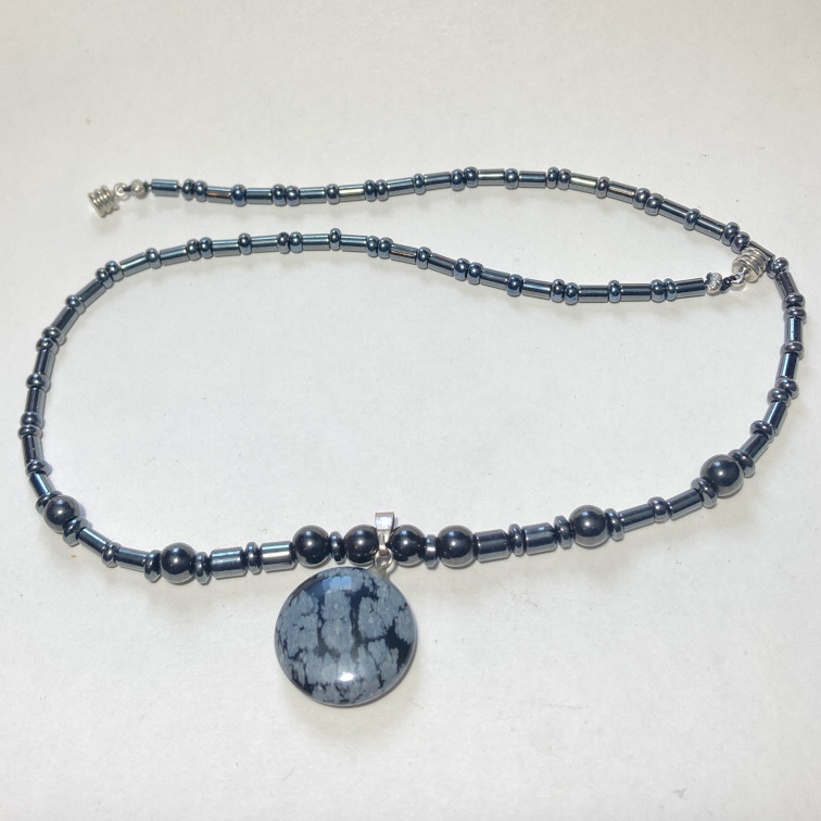Snowflake obsidian disc with hematite beads